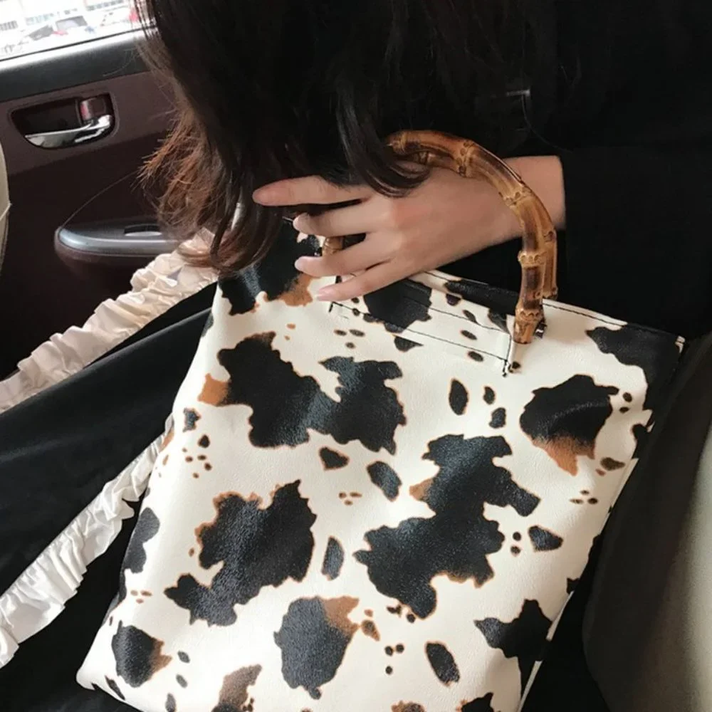 Cow Print Handbag Bamboo Handle Purse Womens Western Collapsible Top Handle Bag